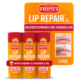 O'Keeffe's front packaging showing three cherry lip balm sticks and clear labeling for travel convenience