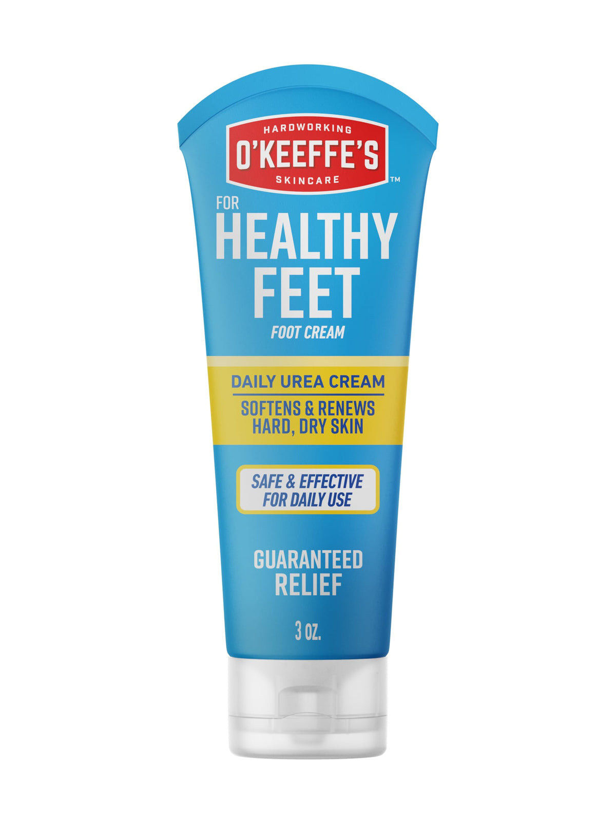 O'Keeffe's front packaging showing tube and branding with clear benefit