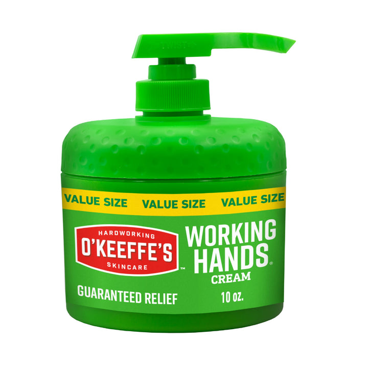 O'Keeffe's front view pumpable jar showing branding and pump for easy dispensing