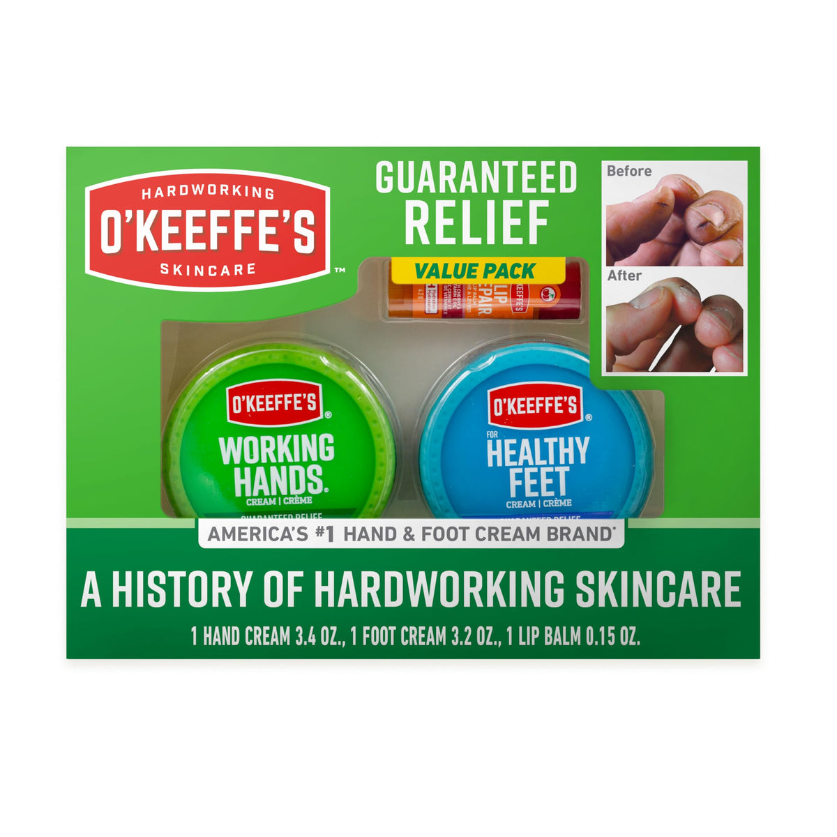 O'Keeffe's giftbox front packaging showing three skincare items and clear labeling for easy gifting