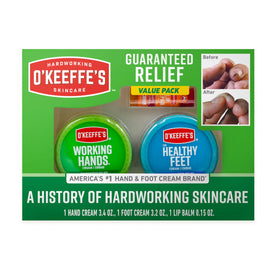 O'Keeffe's giftbox front packaging showing three skincare items and clear labeling for easy gifting