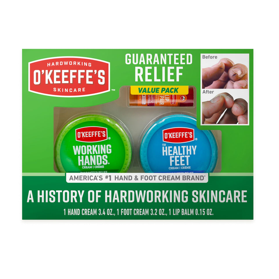 O'Keeffe's giftbox front packaging showing three skincare items and clear labeling for easy gifting