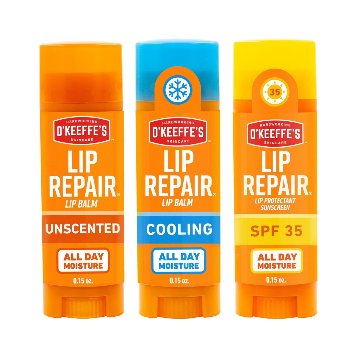O'Keeffe's front packaging showing three lip repair sticks and benefits