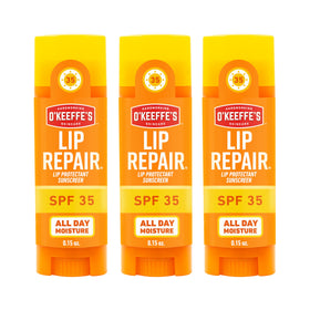 O'Keeffe's front-pack image showing three SPF 35 sticks and travel convenience
