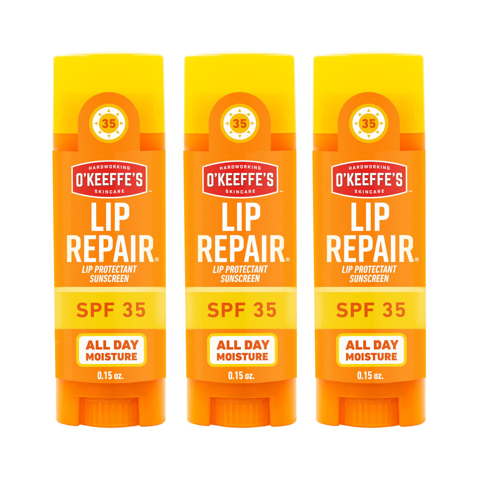 O'Keeffe's front-pack image showing three SPF 35 sticks and travel convenience