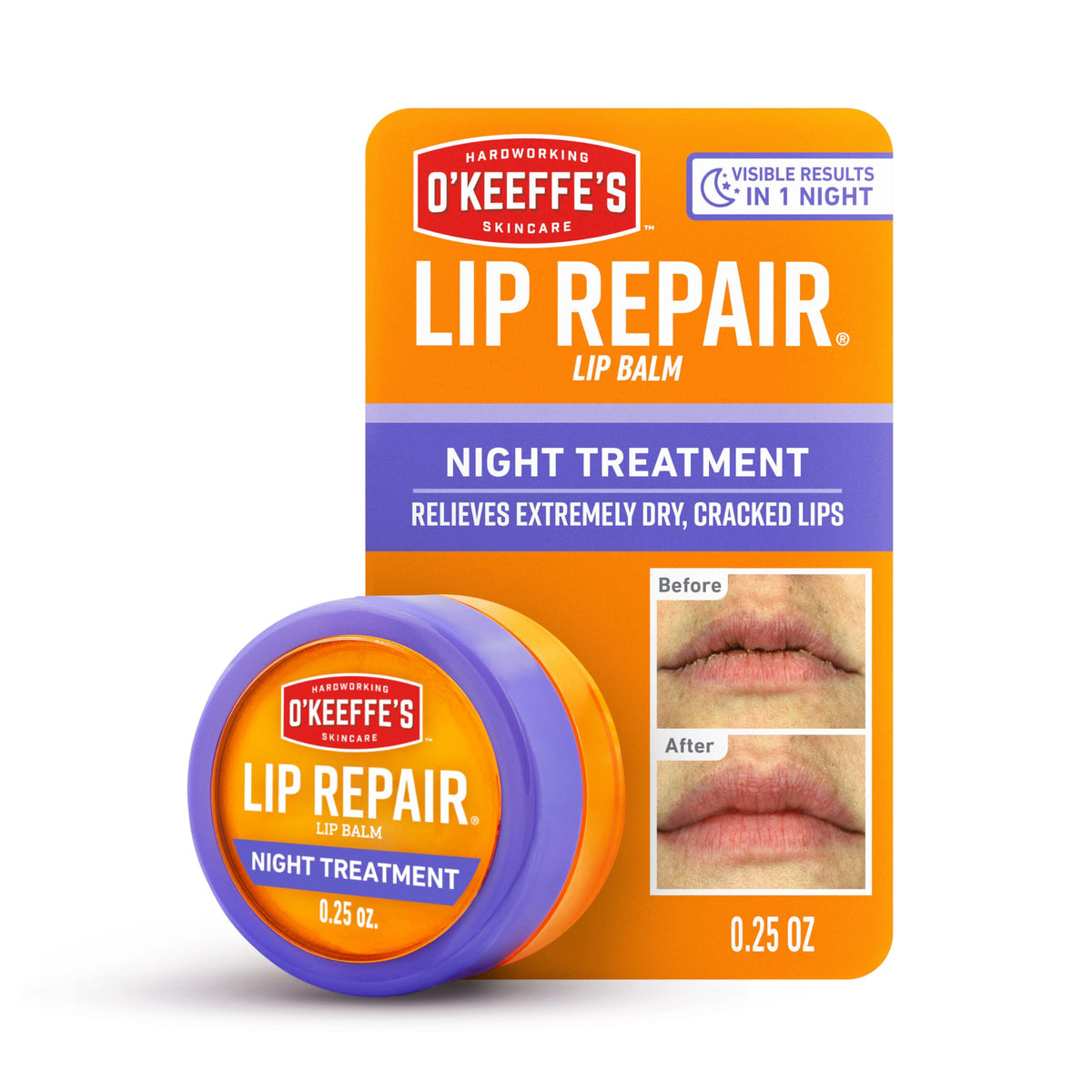 O'Keeffe's jar front view showing compact overnight lip treatment benefits