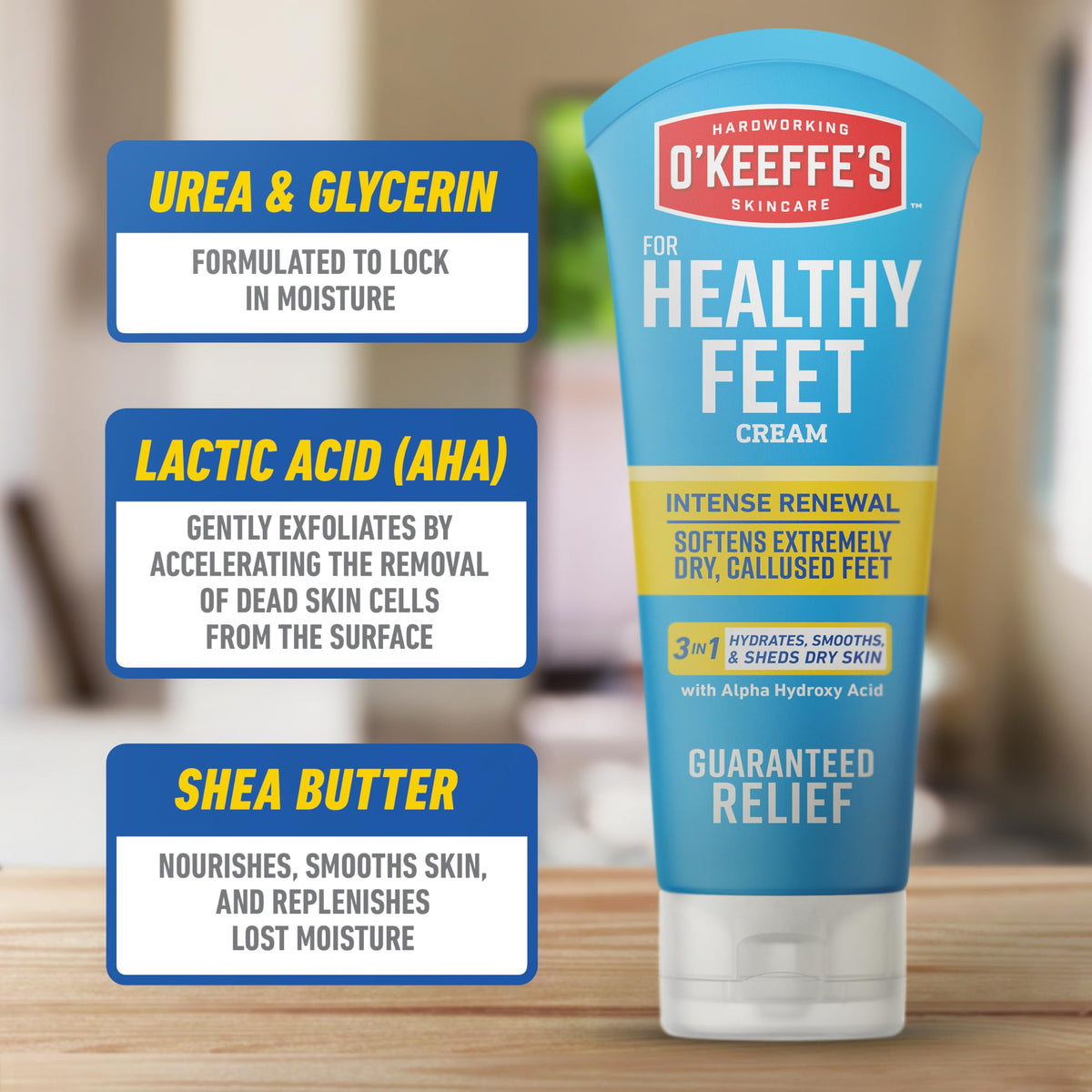O'Keeffe's tube cap and label detail highlighting usage and benefits