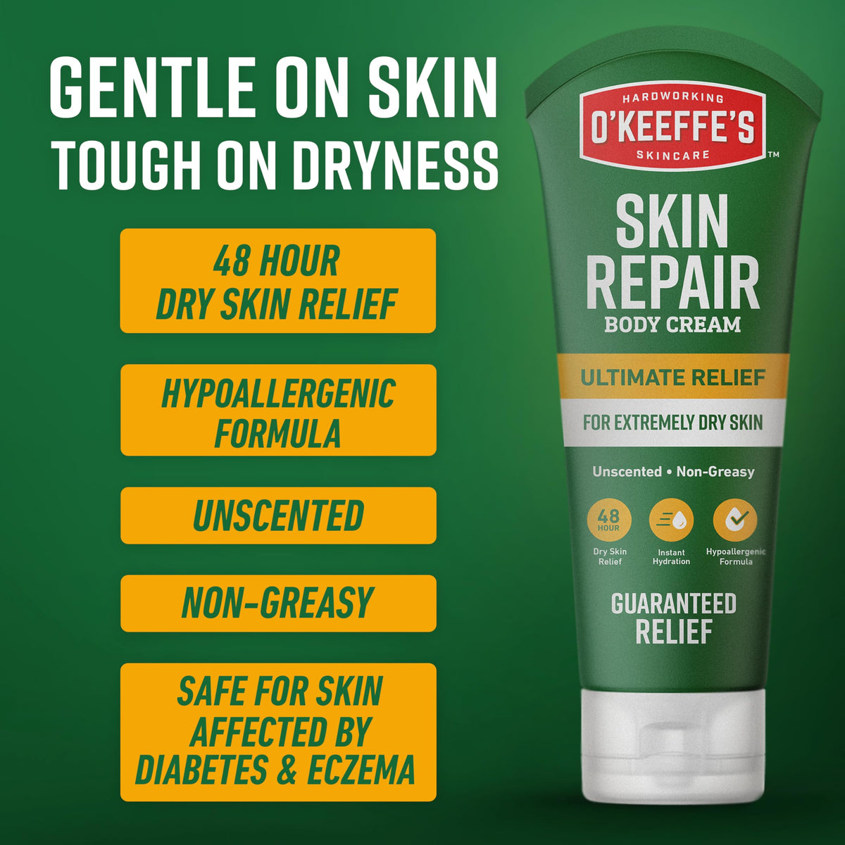 O'Keeffe's tube label detail highlighting unscented, hypoallergenic benefits