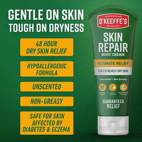 O'Keeffe's tube label detail highlighting unscented, hypoallergenic benefits