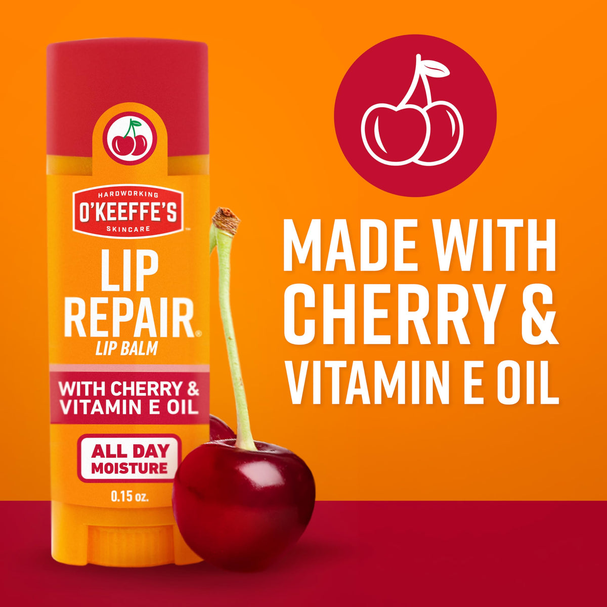 O'Keeffe's stick beside fresh cherries highlighting cherry scent