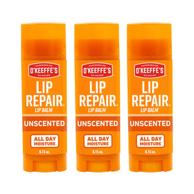 O'Keeffe's front packaging showing unscented lip balm stick and benefits