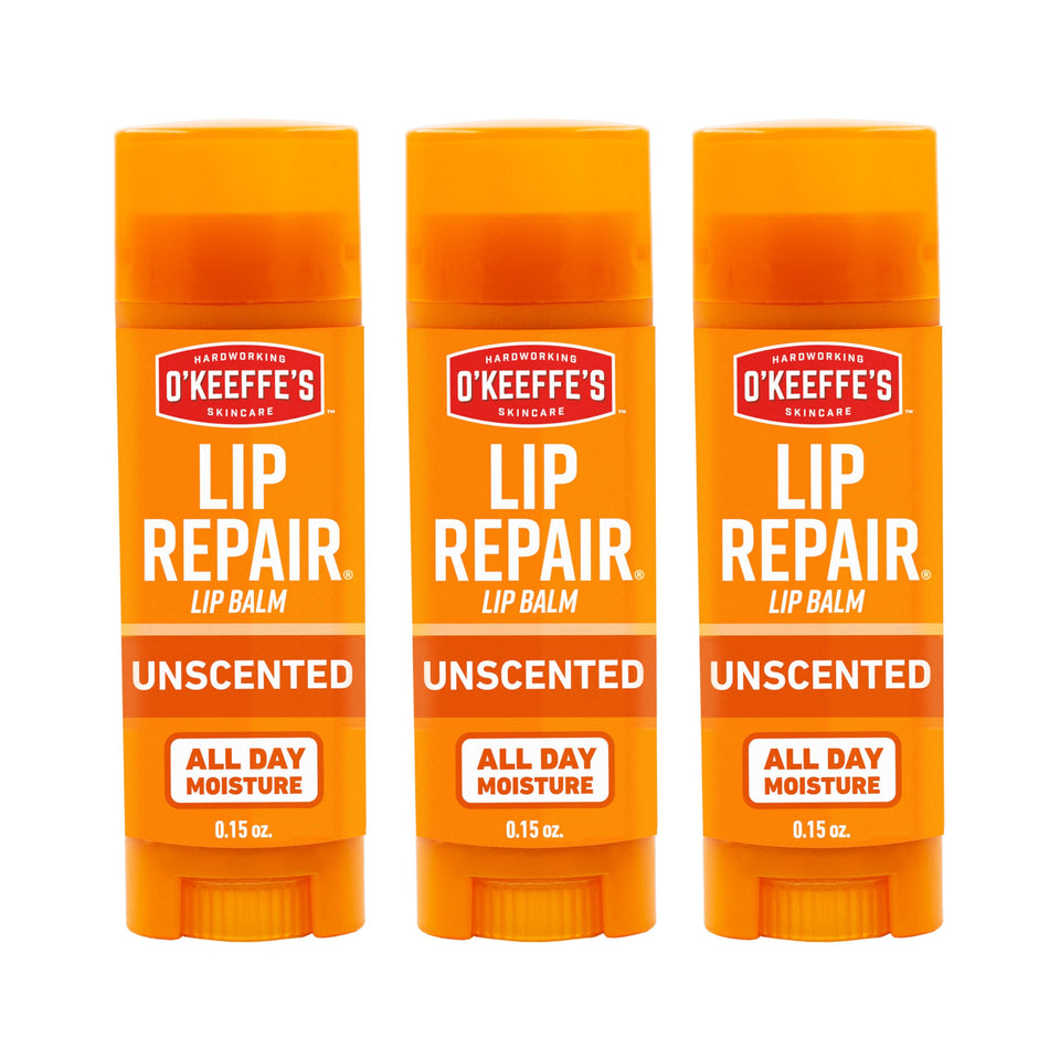 O'Keeffe's front packaging showing unscented lip balm stick and benefits
