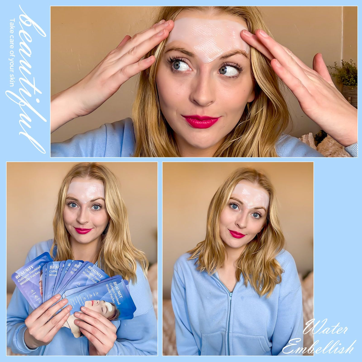Okela patch applied on forehead demonstrating overnight smoothing benefit