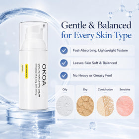 OKOA Cream beside hyaluronic vial showing ingredient focus and sustained hydration benefit
