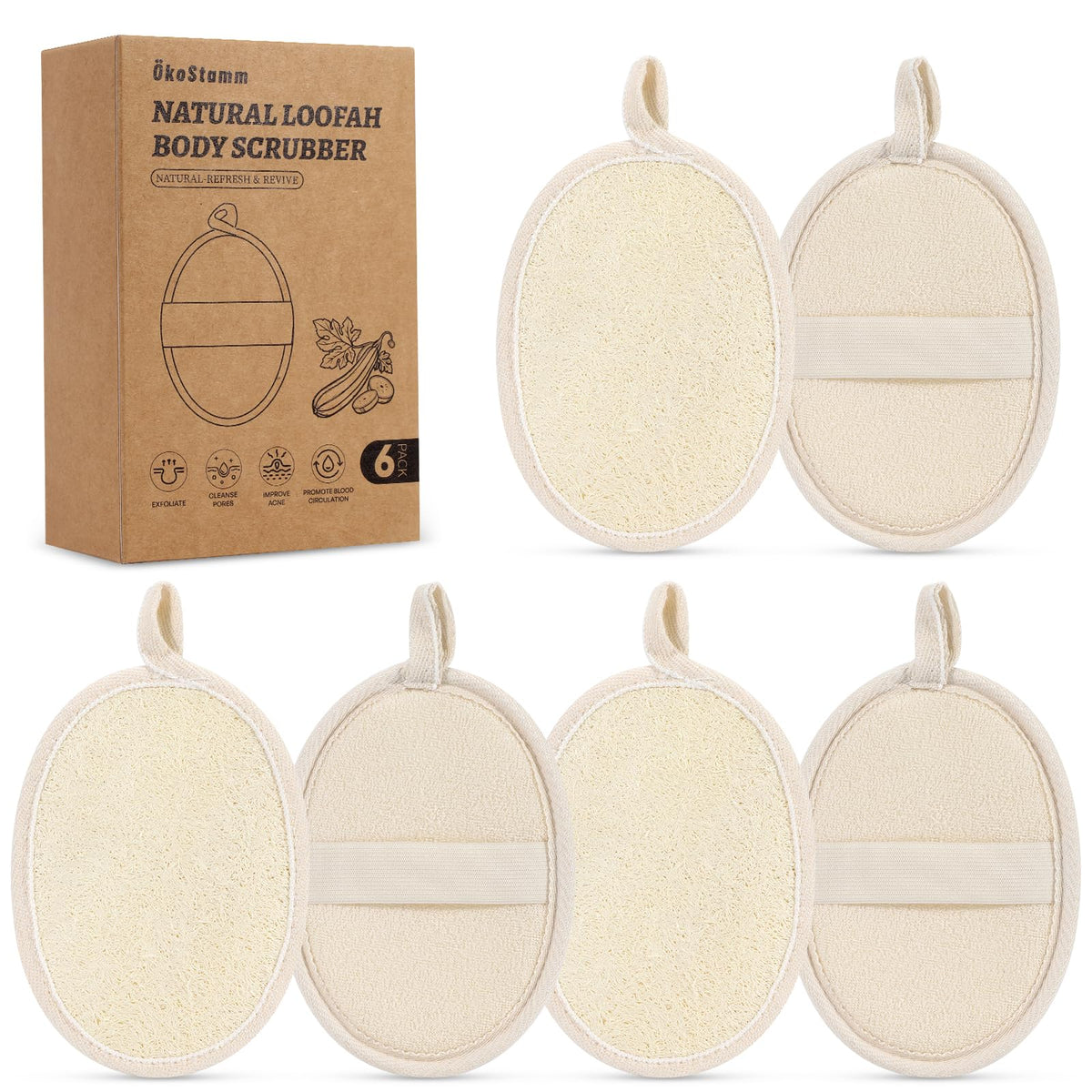 ÖkoStamm six-pack front view showing eco-friendly loofah value