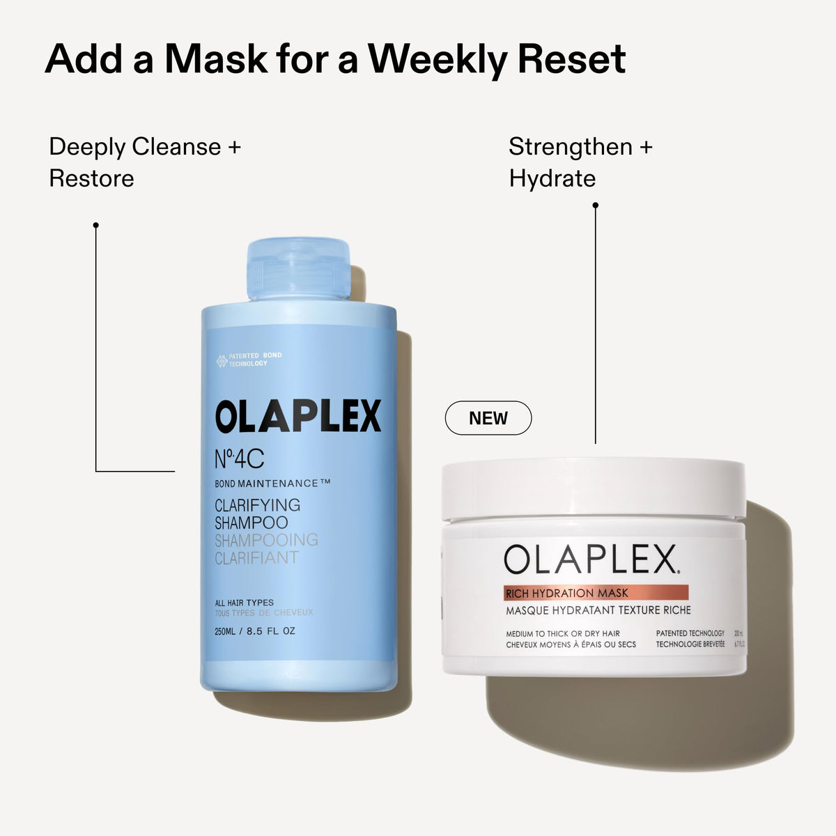 Flat lay of Olaplex ingredients display illustrating clarifying system