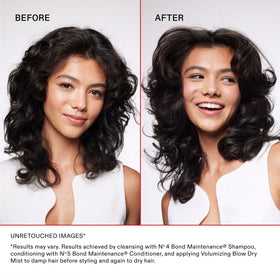 Applying Olaplex mist at roots on damp hair for lift and long-lasting body