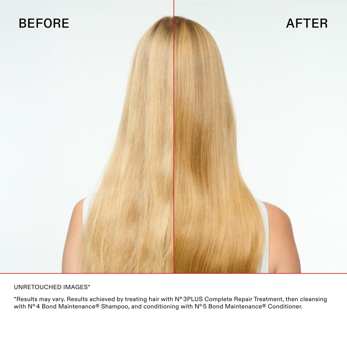 Side-by-side length comparison showing stronger hair after Olaplex N°.3PLUS