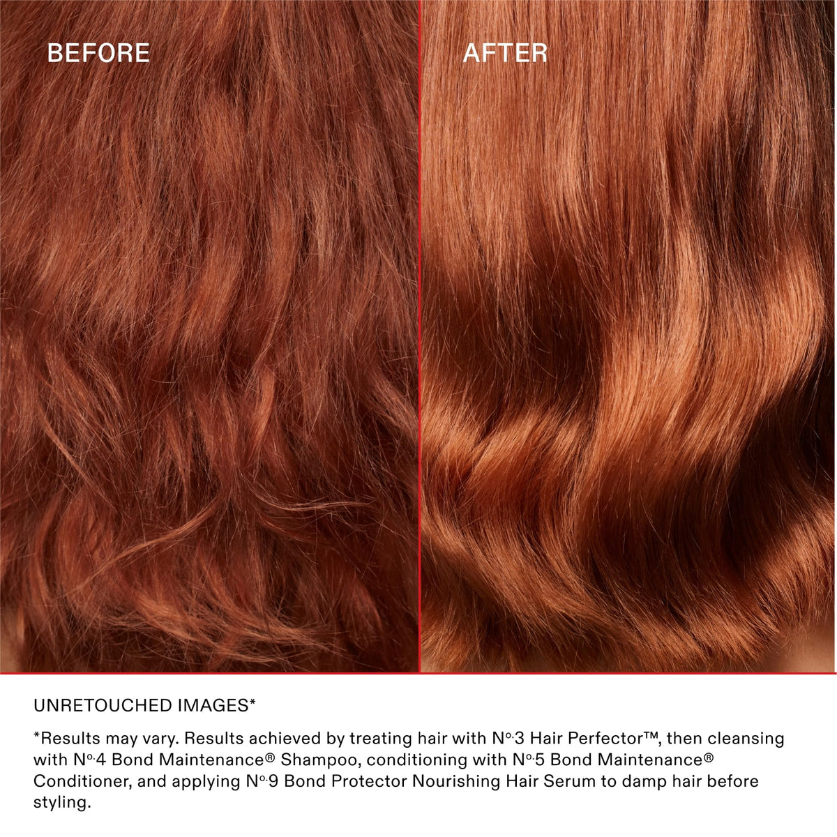 Before and after hair texture image showing Olaplex results reducing frizz and breakage benefit