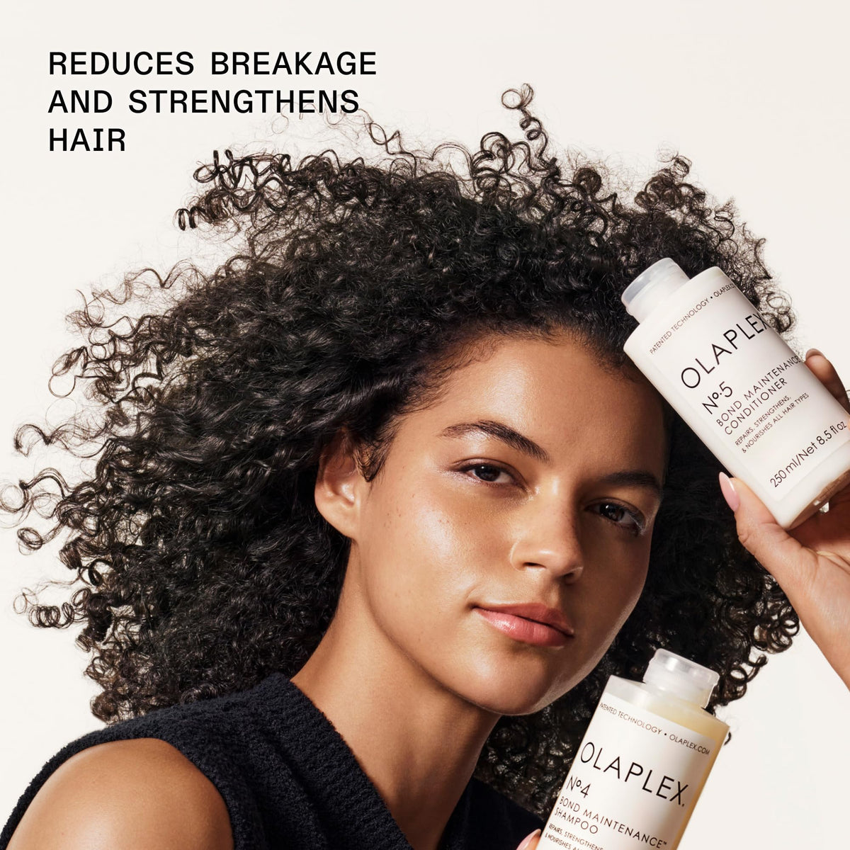 Close-up of Olaplex No.4 and No.5 labels showing bond maintenance benefits and ingredient focus