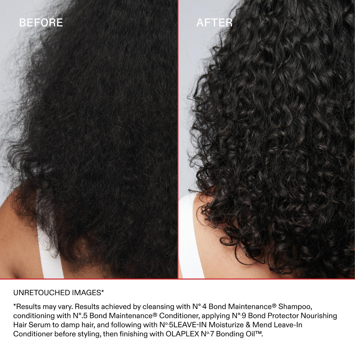 Before and after styling using Olaplex Nº.5 showing reduced frizz