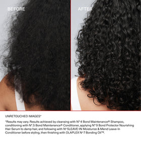 Before and after styling using Olaplex Nº.5 showing reduced frizz