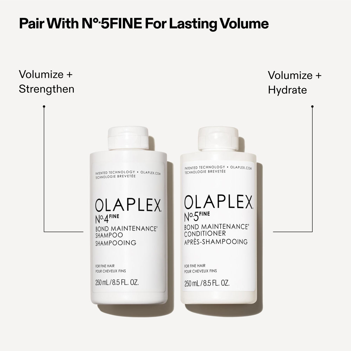 Olaplex Nº.5FINE bottle held for scale demonstrating compact 250 mL size
