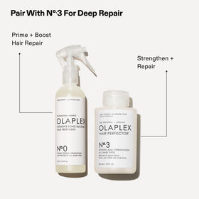 Olaplex bottle next to No.3 showing two-step system for intensified hair repair