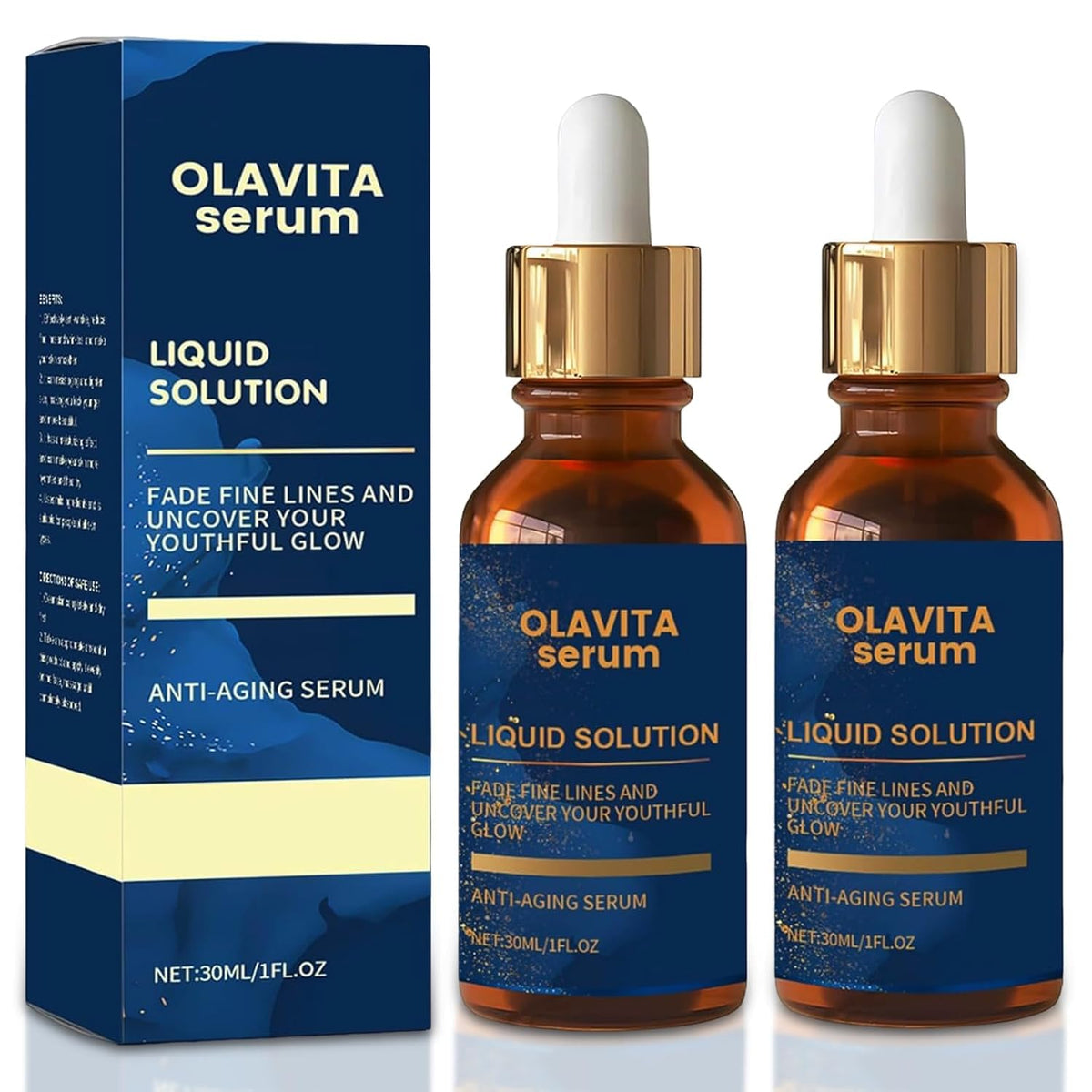 Olavita Serum front packaging showing bottle and label, promotes visible smoothing