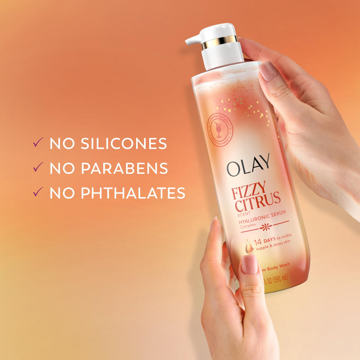 Olay bottle held in hand showing 20 fl oz scale for long-lasting use