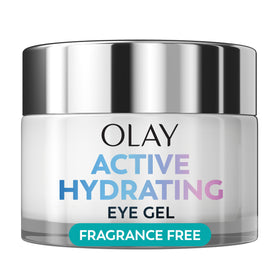 Olay front packaging of active hydrating eye gel shows product and size, travel-ready hydration