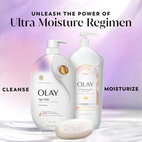 Olay body wash paired with lotion emphasizing a complete moisturize routine