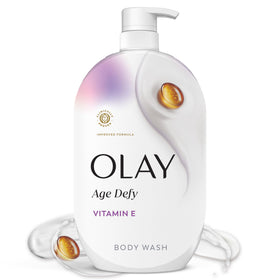 Olay bottle front view showing age defy body wash benefits and branding