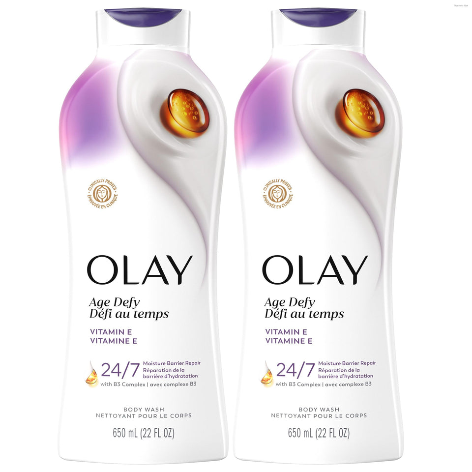 Olay front bottle showing Age Defy packaging and moisturizing benefit