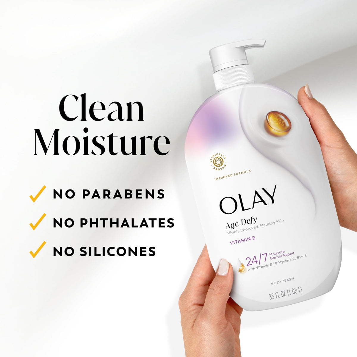 Olay next to a common water bottle showing 35 fl oz scale and value