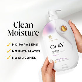 Olay next to a common water bottle showing 35 fl oz scale and value