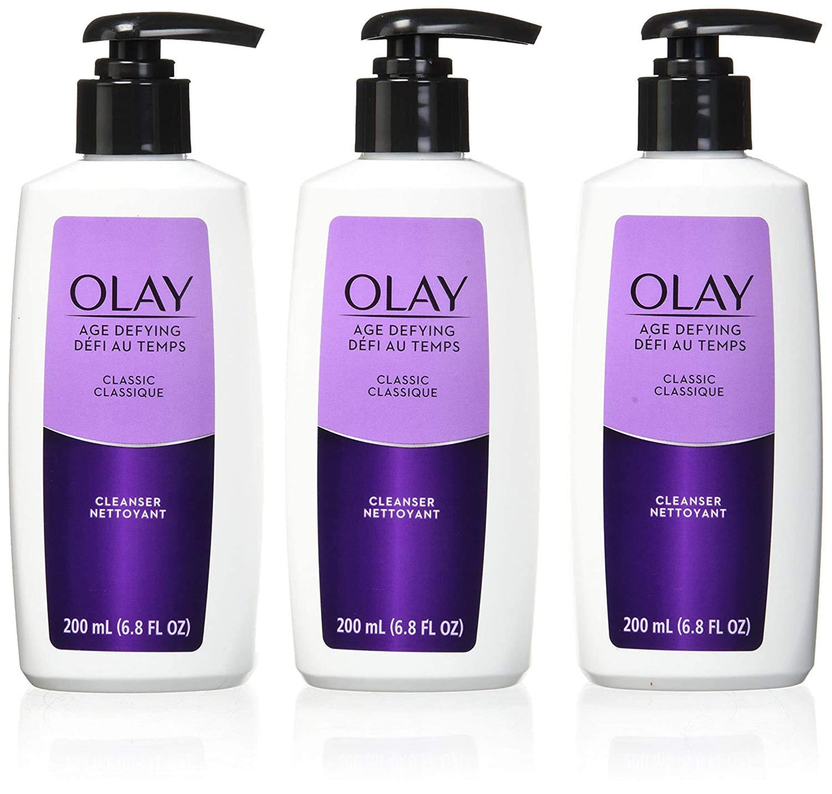 Olay front pump bottle showing clean branding and easy dispensing benefit