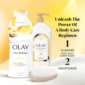 Olay beauty bar beside Ultra Rich Lotion showing complementary hydration