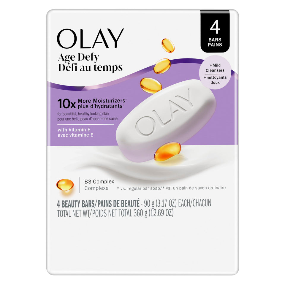 Olay Beauty Bar front packaging showing pack of four for convenient supply