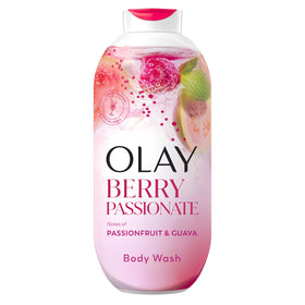 Olay bottle front packaging showing vibrant berry passionfruit scent for freshness
