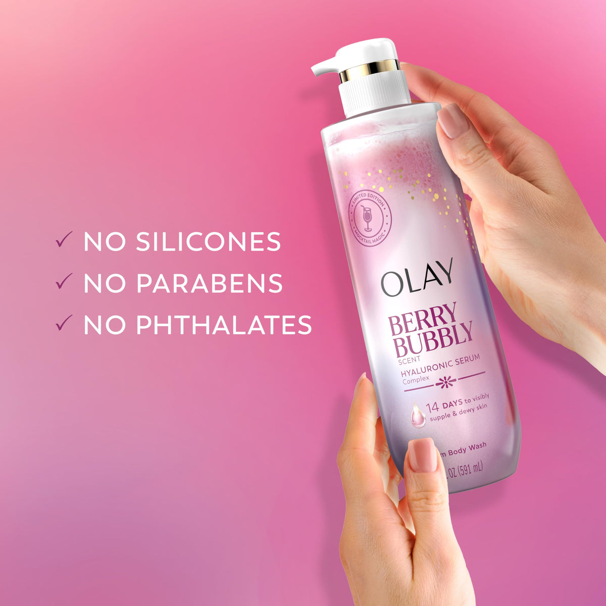 Olay bottle beside displayed niacinamide and hyaluronic acid