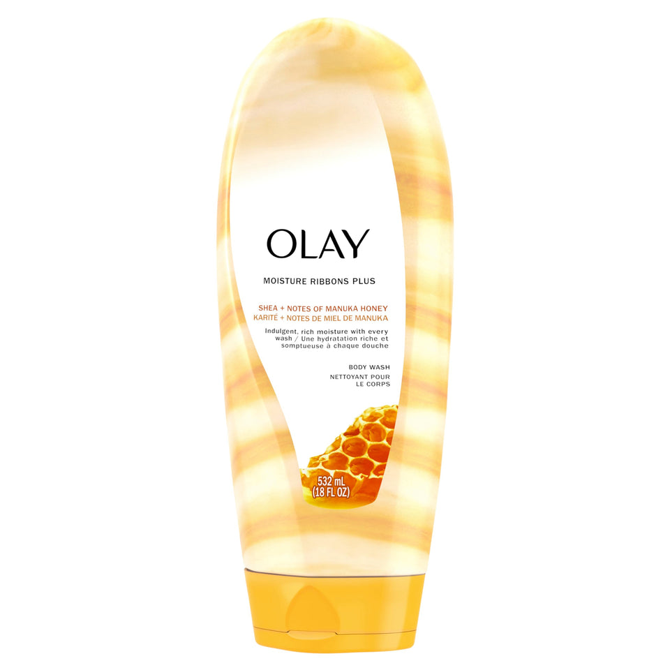 Olay body wash front bottle showing label and scent for nourishing cleanse