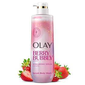 Olay front bottle showing product and scent for hydrated skin