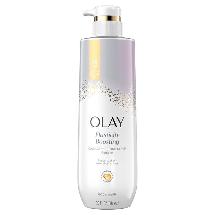 Olay front bottle showing product branding and pump for easy use