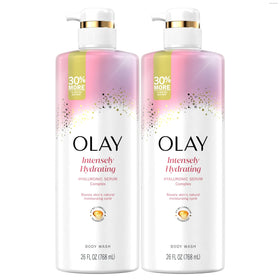 Olay front packaging showing bottle and branding, hydrating formula benefit