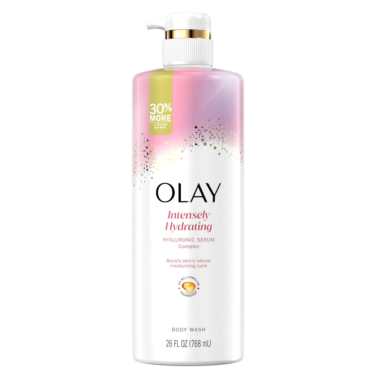 Olay front packaging showing bottle and brand for visible hydration benefit