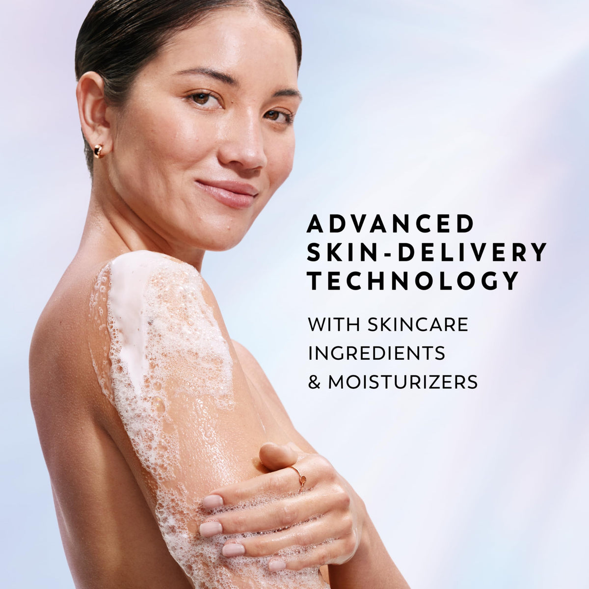 Olay body wash lathered on a puff for effective cleansing
