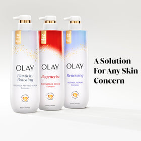 Olay 20 fl oz bottle next to soap for clear size and scale comparison