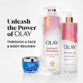 Olay 28 fl oz bottle next to hand for size comparison