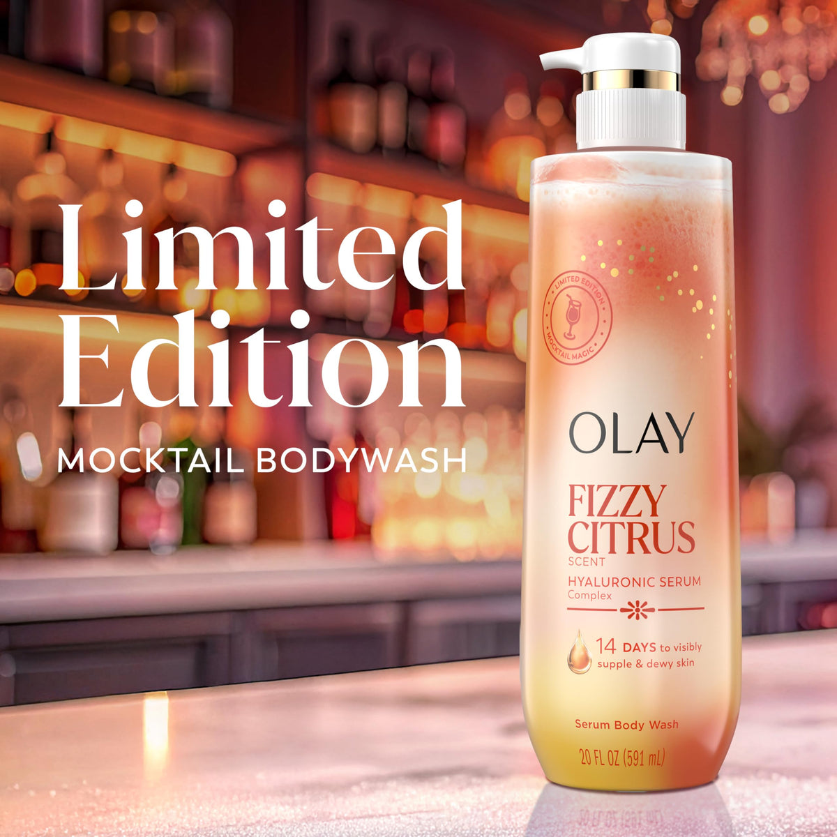 Olay bottle on shower shelf in use creating a refreshing bathing experience